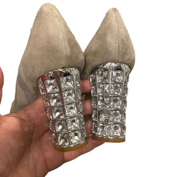 Dune London Bindy Crystal Block Heel Beige Grey Suede Leather Size 10 - Picture 2 of 10